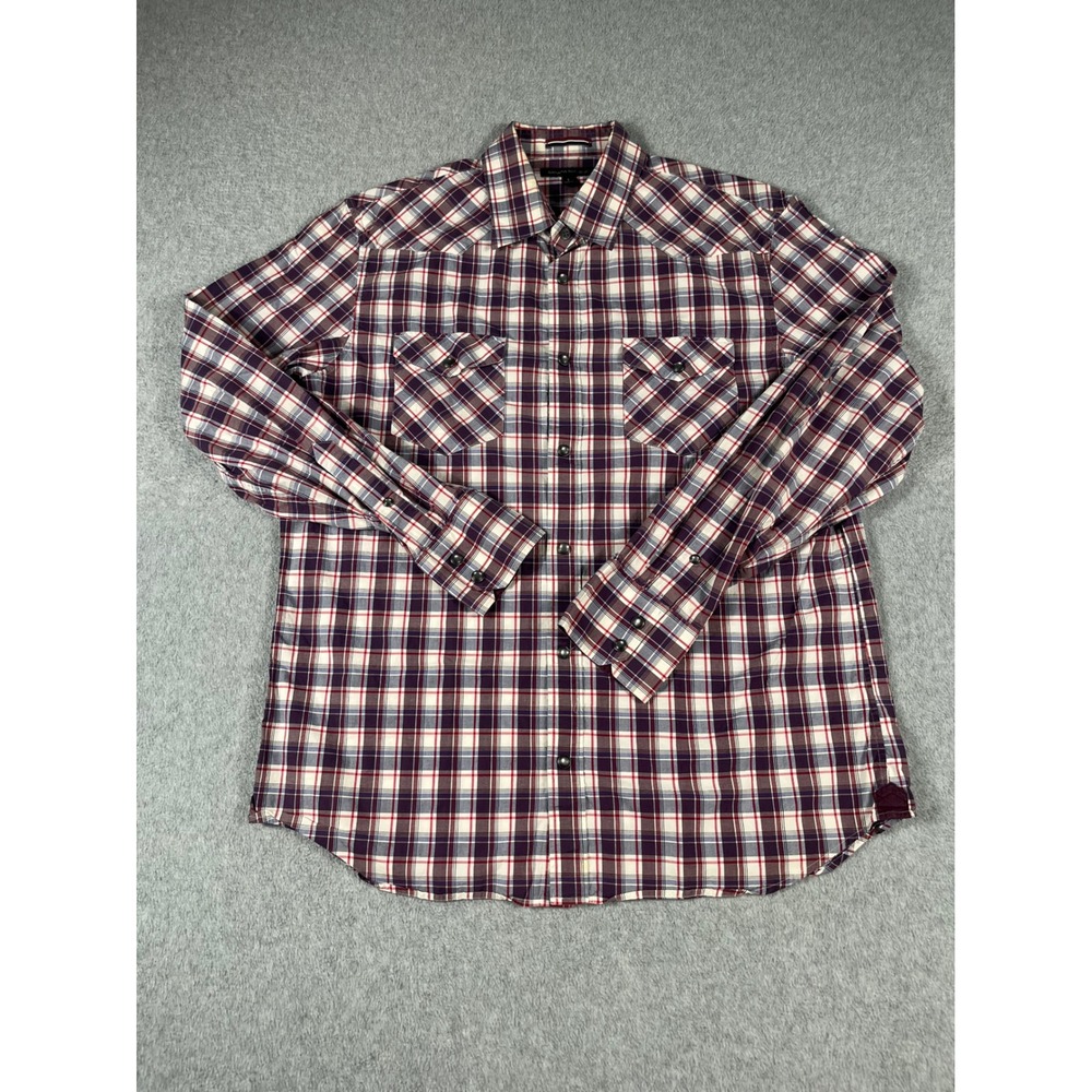 Banana Republic Mens Large Plaid Western Snap Button Shirt Purple Red Cotton Mix